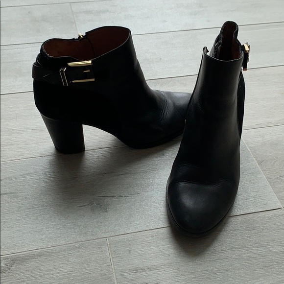 black leather & suede booties with gold buckle - Picture 2 of 6